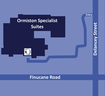 Ormiston Specialist Suites map showing location on the corner of Finucane Road and Delancey Street with entry via Delancey Street